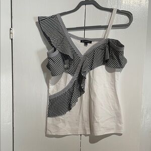 INC International Concepts Black and White Asymmetrical Ruffle Blouse